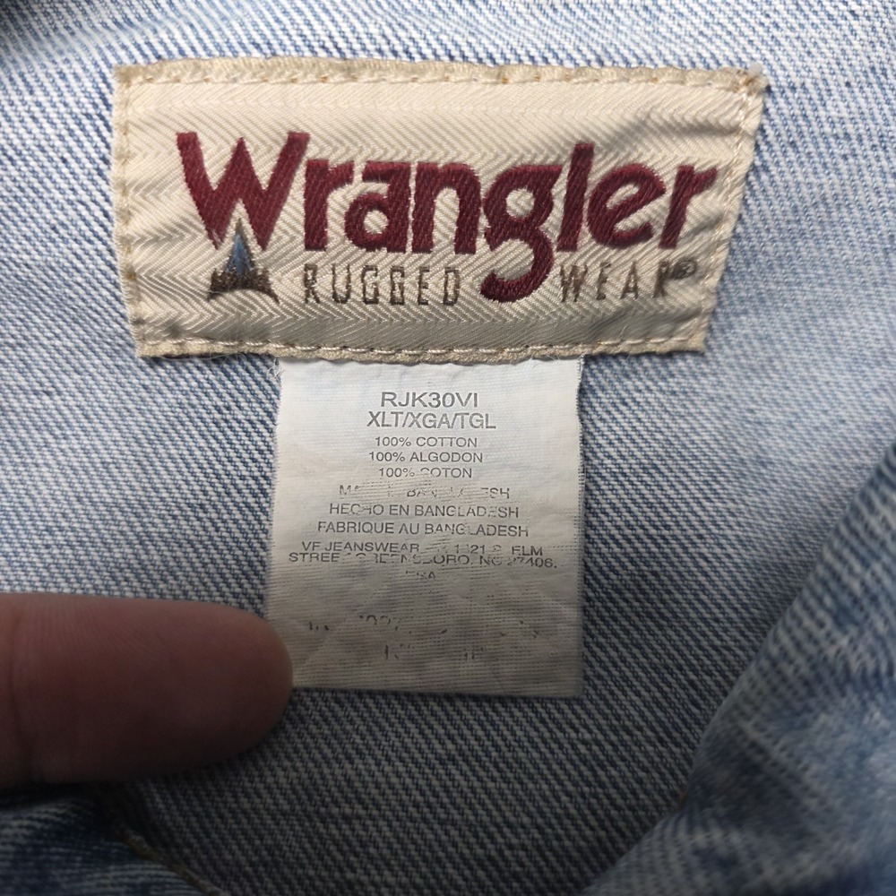 Vtg Wrangler Rugged Wear Trucker Jacket Mens XLT XL Tall Denim Pockets Biker Y2K - Picture 6 of 10